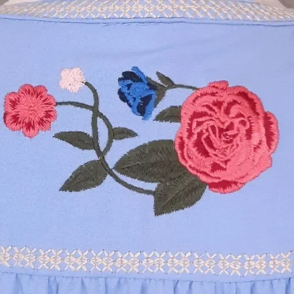 Women's Floral Embroidered Tunic Top Size Small Pleated CottageCore Blue - Picture 8 of 16